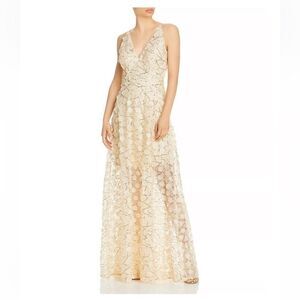 Women AQUA Raised Floral V Neck Gown Ivory/Gold size 10 DRESS